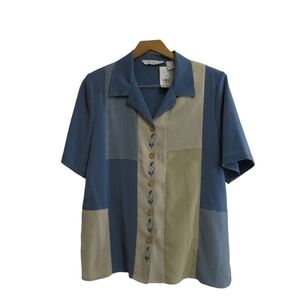 TanJay Blue and Beige Patchwork Blouse Size 12